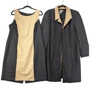 Kathie Lee Woman Black Tan Color Block Sleeveless Dress and Jacket Set 18W